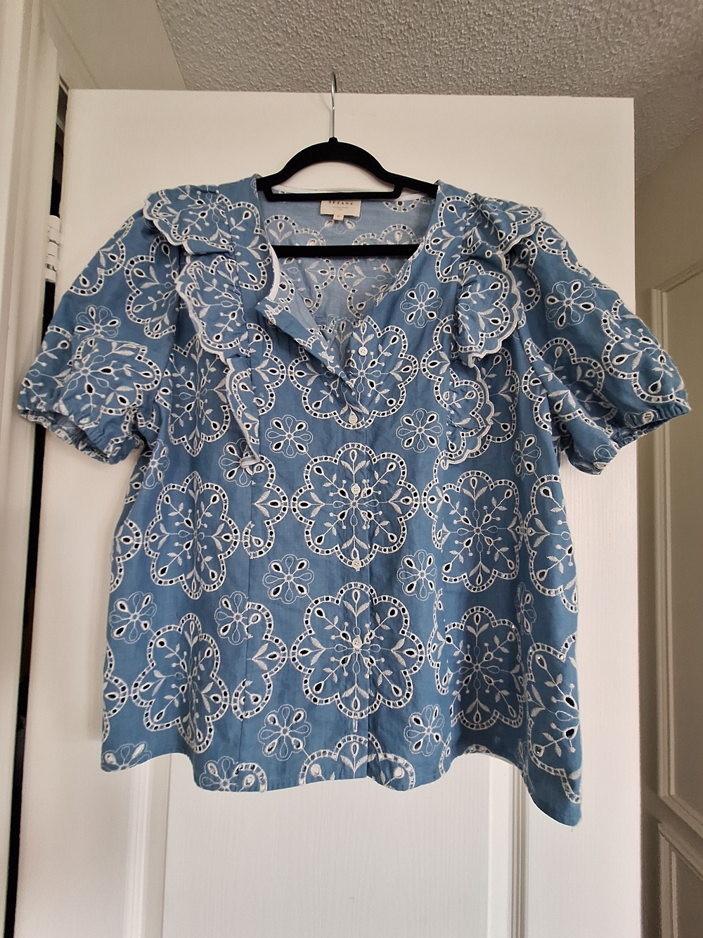 Sezane Blue Embroidered Eyelet Ruffle-Collar Blouse